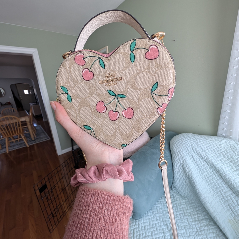 Coach Heart Crossbody In Signature Canvas With Pink Heart Cherry Print